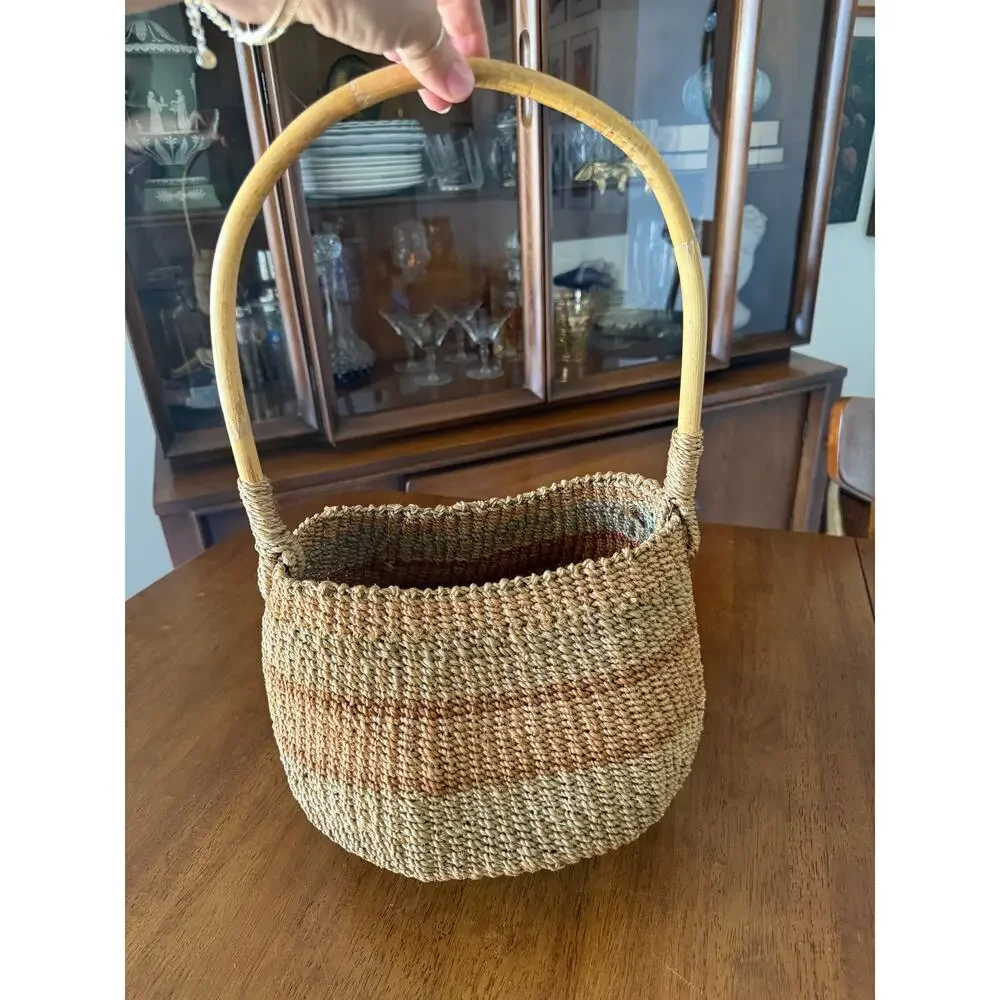 Vintage Woven Straw Basket with Large Handle | Boho Farmhouse Market Tote